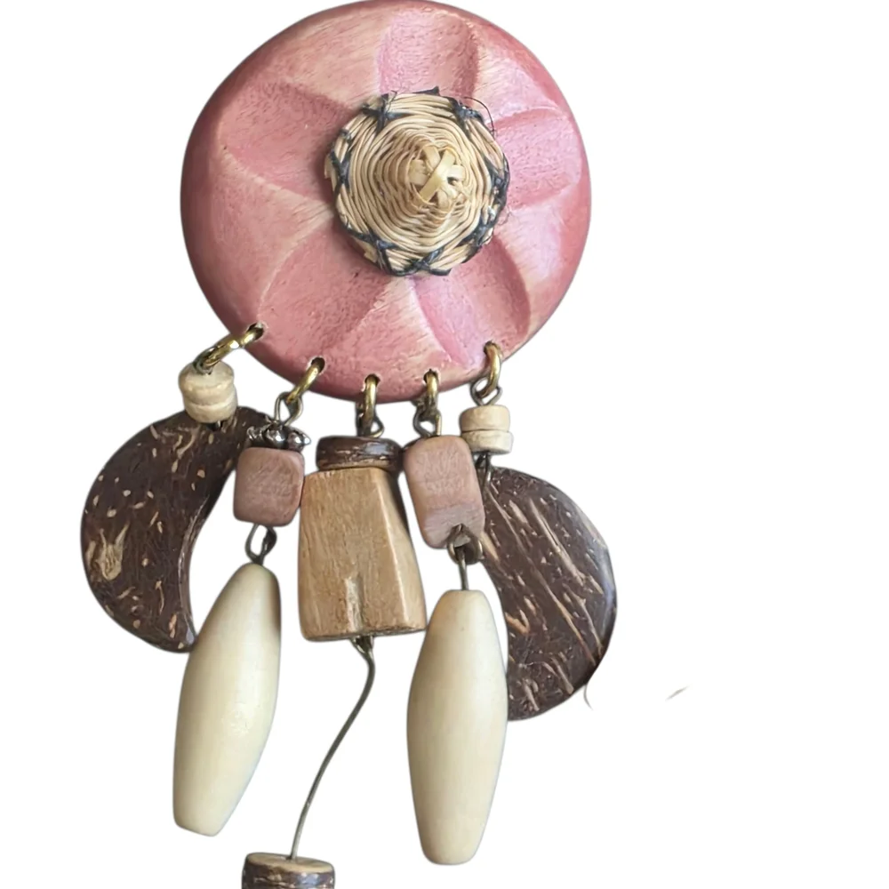 Vintage Pink & Wood Bead Dangle Earrings